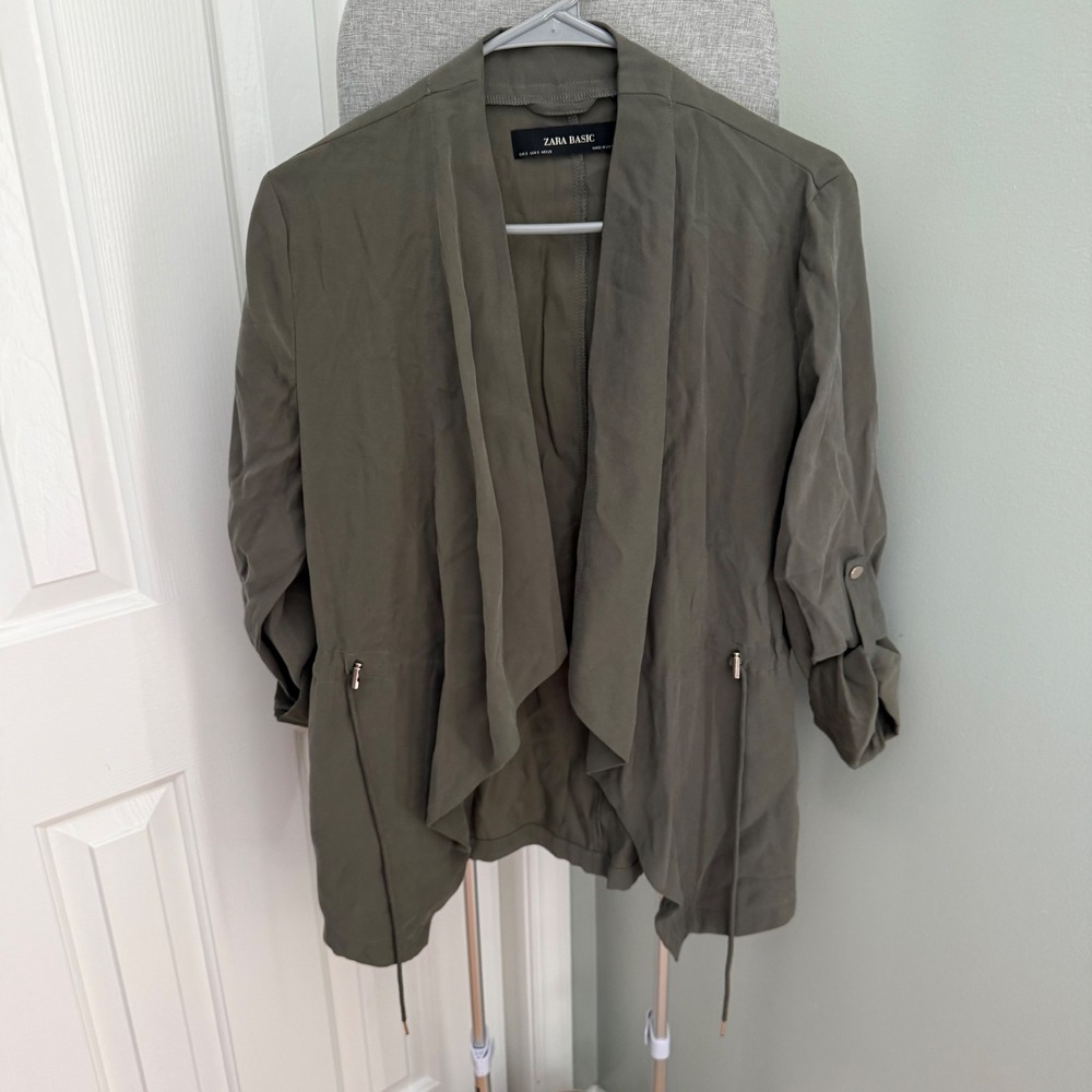 Zara Basic Olive Draped Waterfall Jacket S Roll Tab Utility Minimalist Safari
